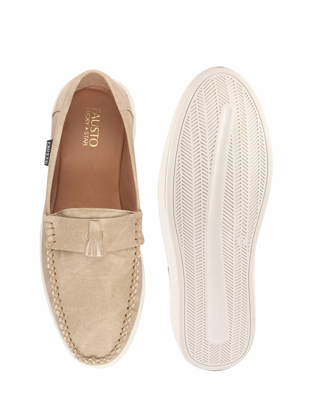 Business Casual Open Toed Shoes Men Cream Denim Stitched Casual Tassel Loafers|Mocassin Slip On Casual Shoes with TPR Sole|All Day Long Comfort