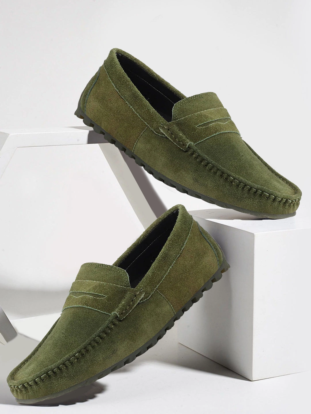 Casual Shoes With Pants Men Mehandi Suede Leather Side Stitched Slip On Driving Loafers and Mocassin