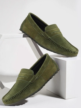 Footwear Shoes Casual Men Mehandi Suede Leather Side Stitched Slip On Driving Loafers and Mocassin