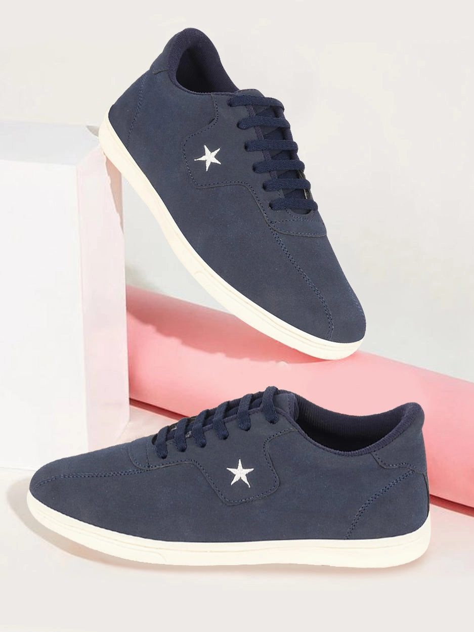 Men Navy Blue Classic Embroidery Star Upper Soft Suede Leather Lace Up Sneakers Shoes Basketball Shoes That You Can Wear Casually