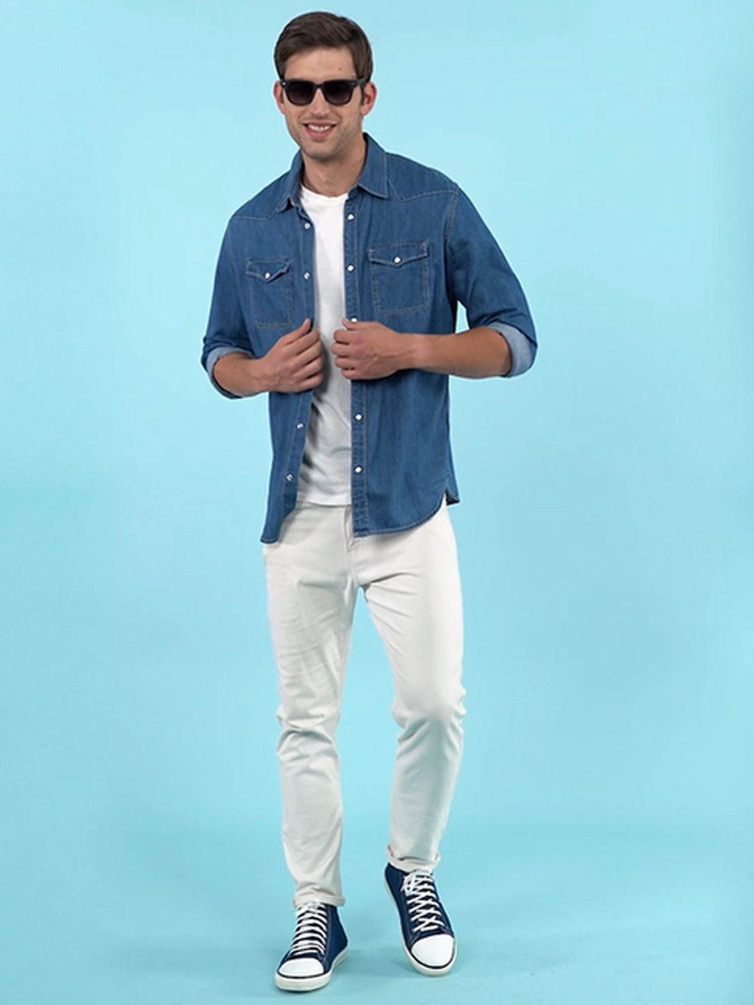 Men Navy Blue Mid Top Star Toe Cap Upper Denim 8-Eye Lace Up Canvas Sneakers Shoes Casual Slip On Dress Shoe