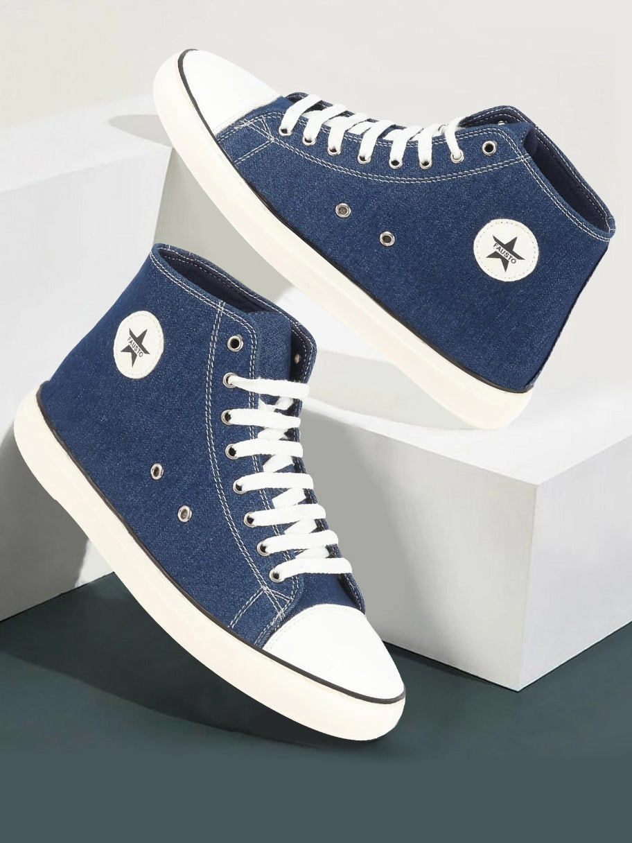 Best Casual Work Shoe Men Navy Blue Mid Top Star Toe Cap Upper Denim 8-Eye Lace Up Canvas Sneakers Shoes