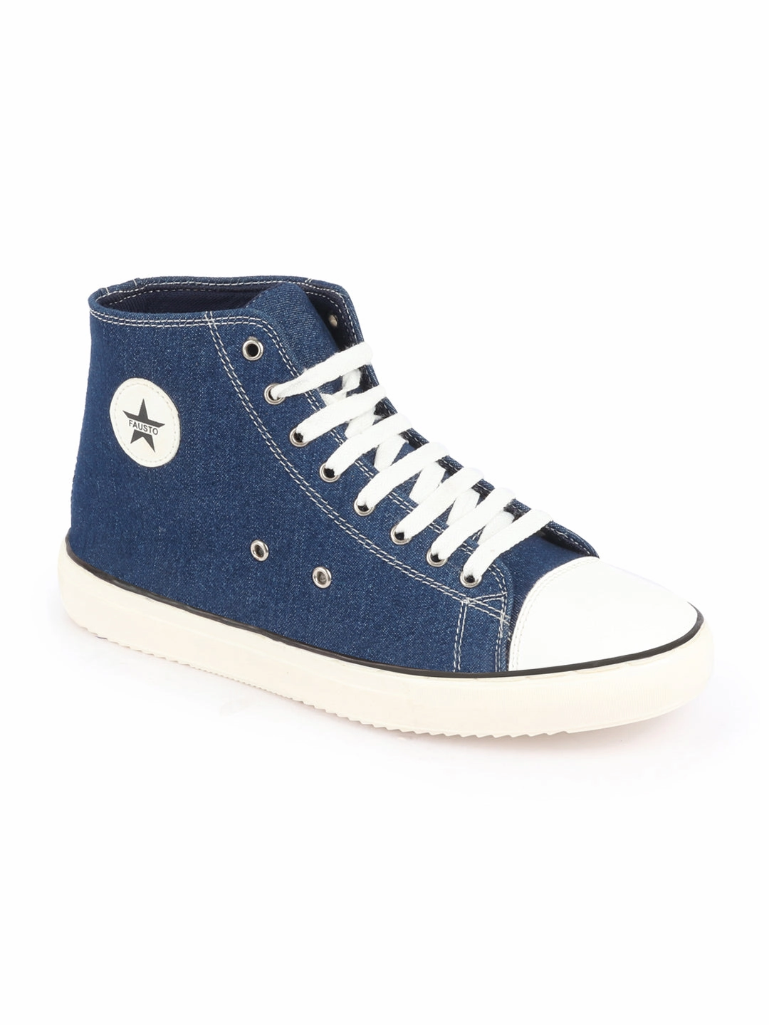 Best Casual Leather Shoes Men Navy Blue Mid Top Star Toe Cap Upper Denim 8-Eye Lace Up Canvas Sneakers Shoes