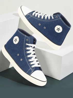 Men Navy Blue Mid Top Star Toe Cap Upper Denim 8-Eye Lace Up Canvas Sneakers Shoes Casual Popular Shoes