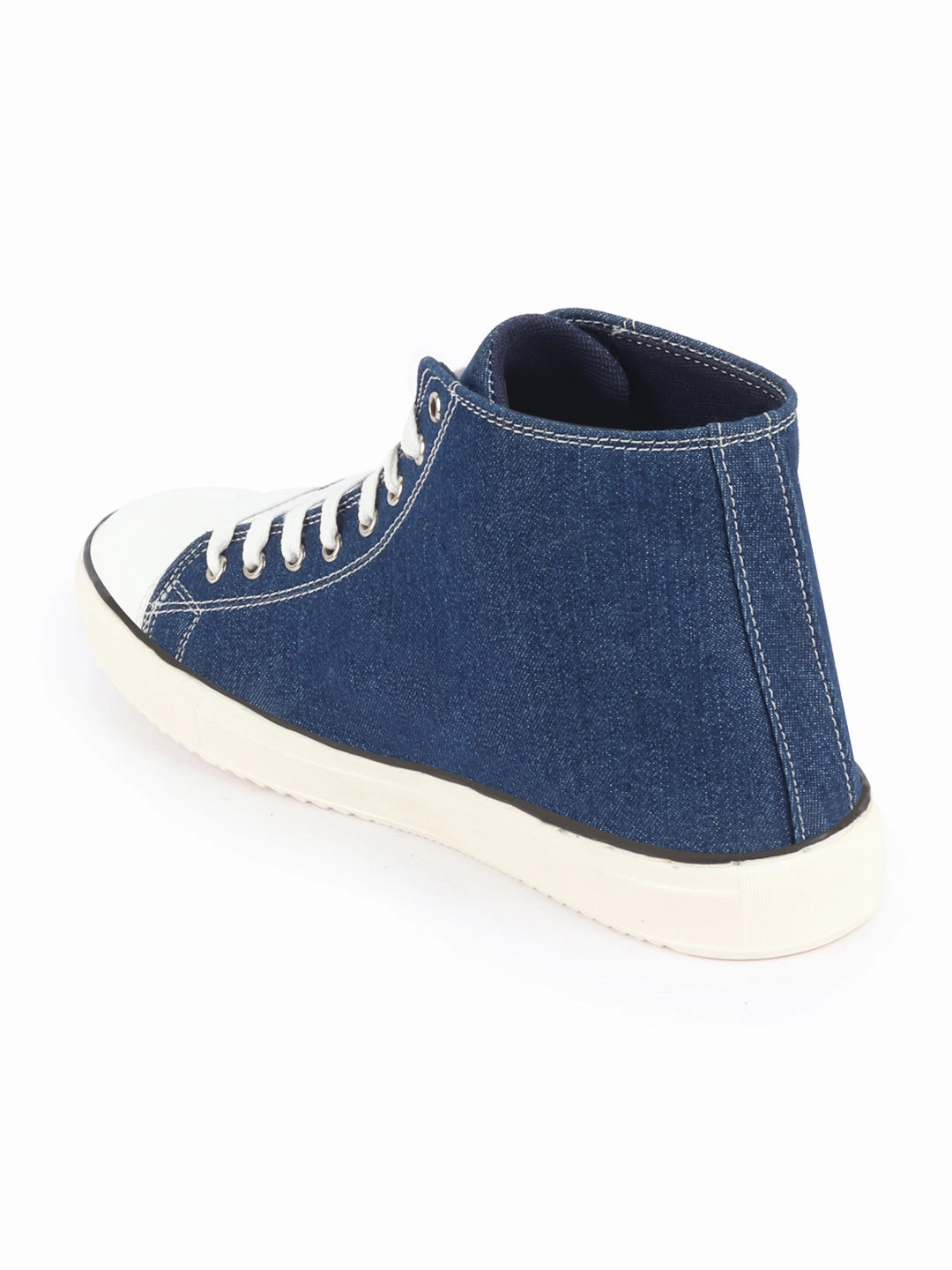 Men Navy Blue Mid Top Star Toe Cap Upper Denim 8-Eye Lace Up Canvas Sneakers Shoes Good Shoes For Business Casual