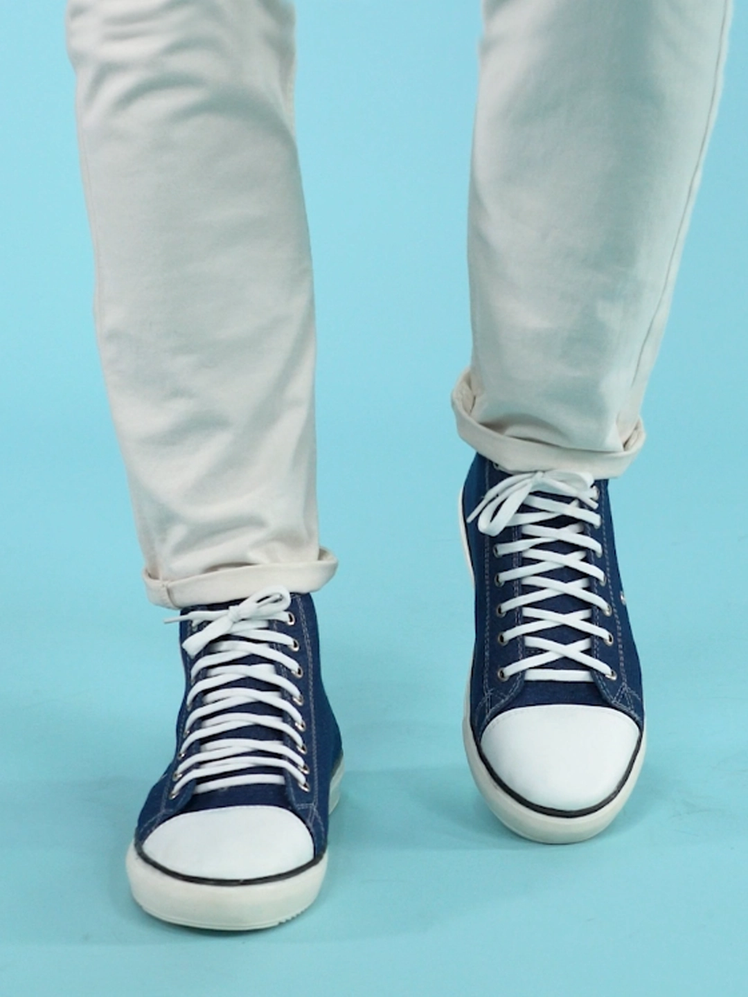 Men Navy Blue Mid Top Star Toe Cap Upper Denim 8-Eye Lace Up Canvas Sneakers Shoes Casual Shoes New York