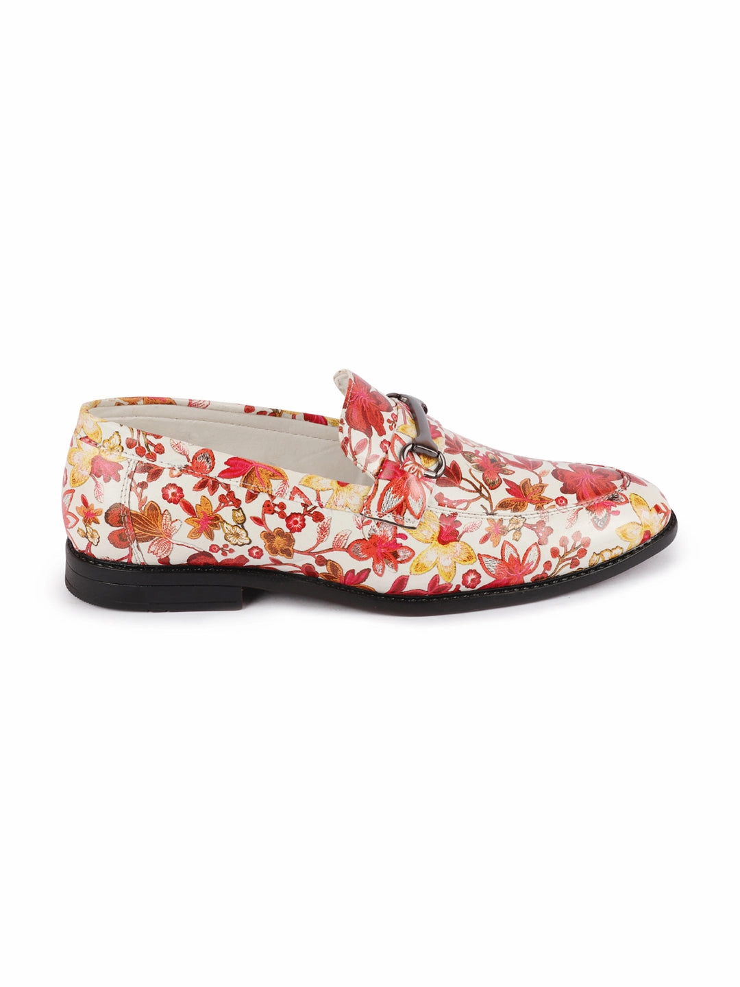 Casual Leather Derby Shoes Men Red Floral Print Horsebit Buckle Weekend Wedding Evening Party Shoes Loafers