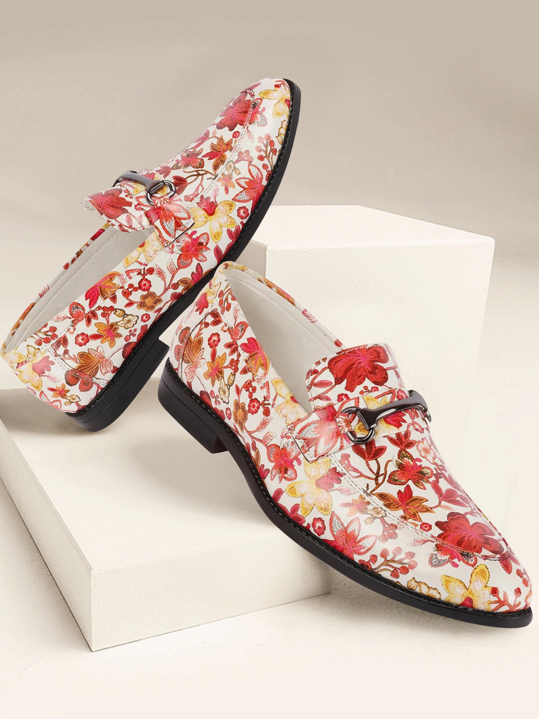 Men Red Floral Print Horsebit Buckle Weekend Wedding Evening Party Shoes Loafers Casual