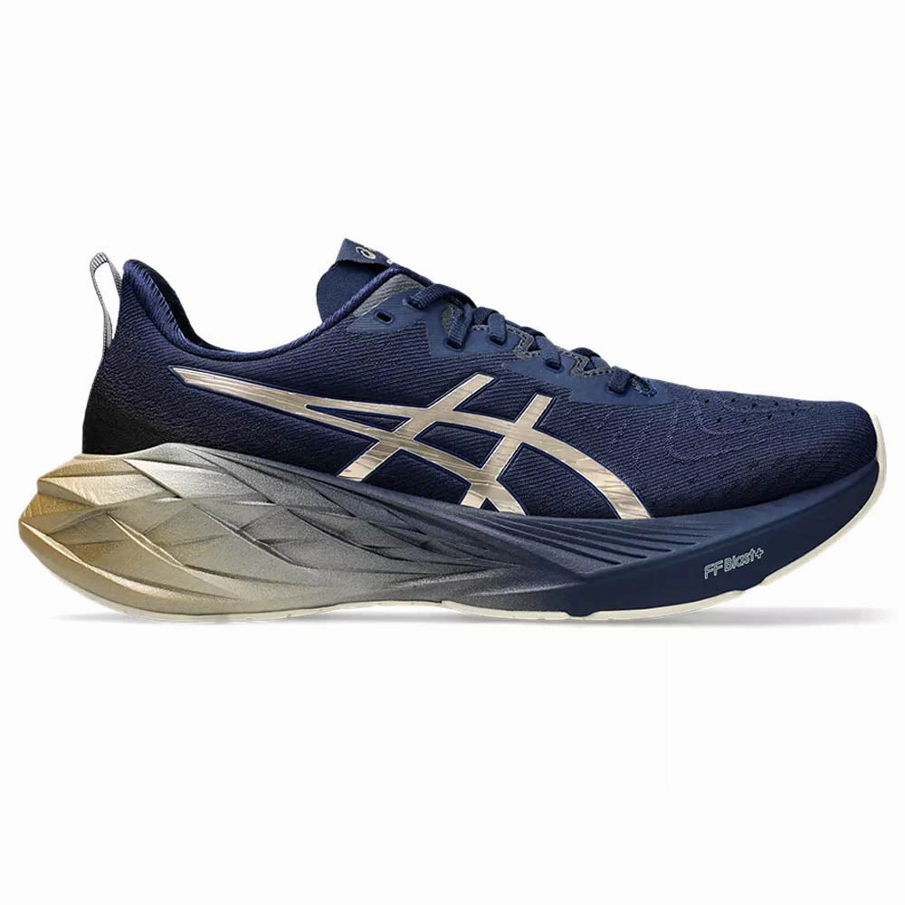 Men's Asics Novablast 4 Platinum, Blue Expanse/Champagne, 9.5 D Medium Asics Running Shoes Neutral Runners