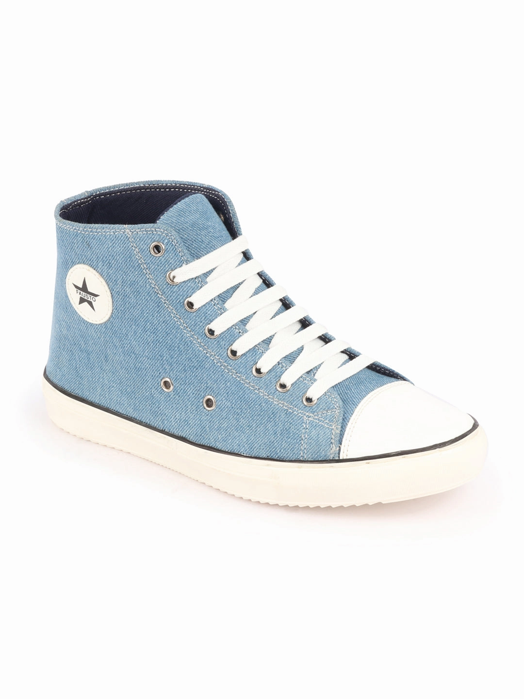 Men Sky Blue Mid Top Star Toe Cap Upper Denim 8-Eye Lace Up Canvas Sneakers Shoes Flying Machine Casual Shoes