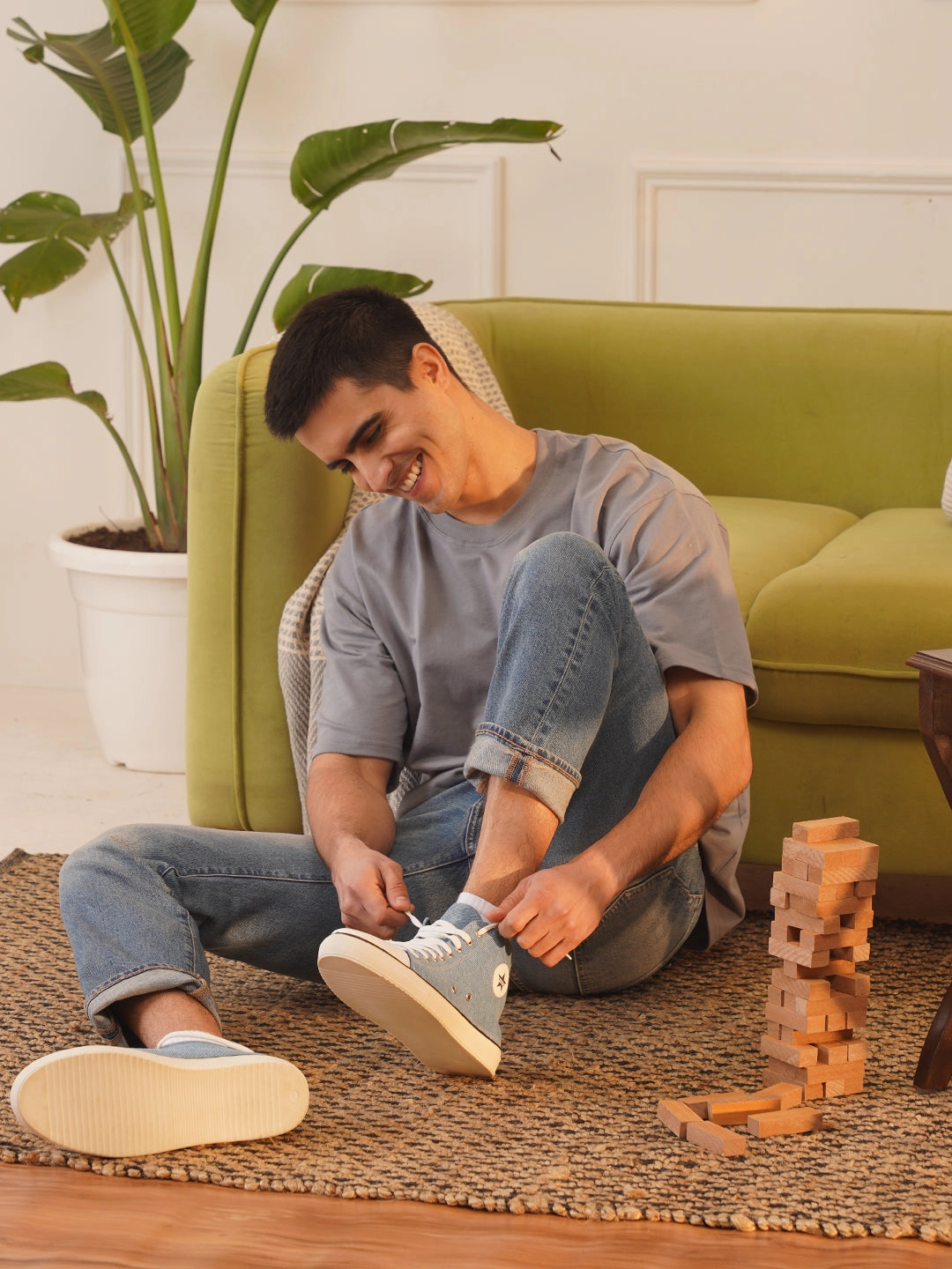 Men Sky Blue Mid Top Star Toe Cap Upper Denim 8-Eye Lace Up Canvas Sneakers Shoes Casual Zegna Shoes