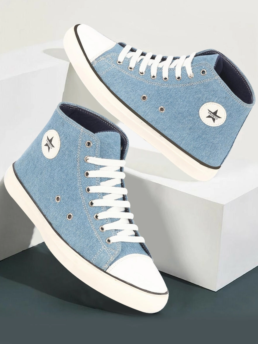 Men Sky Blue Mid Top Star Toe Cap Upper Denim 8-Eye Lace Up Canvas Sneakers Shoes Casual Steel Toe Shoes
