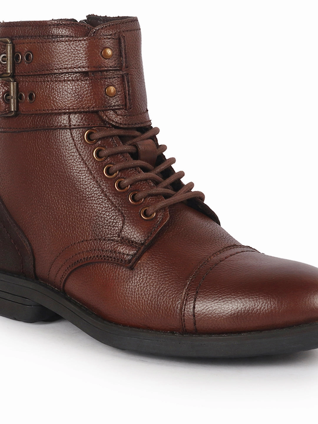 Men Tan 6-Eye Lace Up Genuine Leather High Ankle Adjustable Buckle Strap Winter Boots|Trekking Boots|Hiking Boots All Leather Hiking Boot