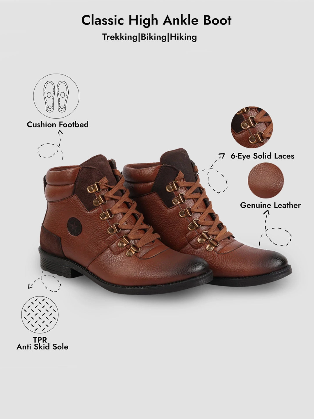 Hiking Shoes For Roofing Men Tan Genuine Leather 6-Eye Metallic Lace Up Hook Classic High Ankle Boot For Trekking|Biking|Hiking