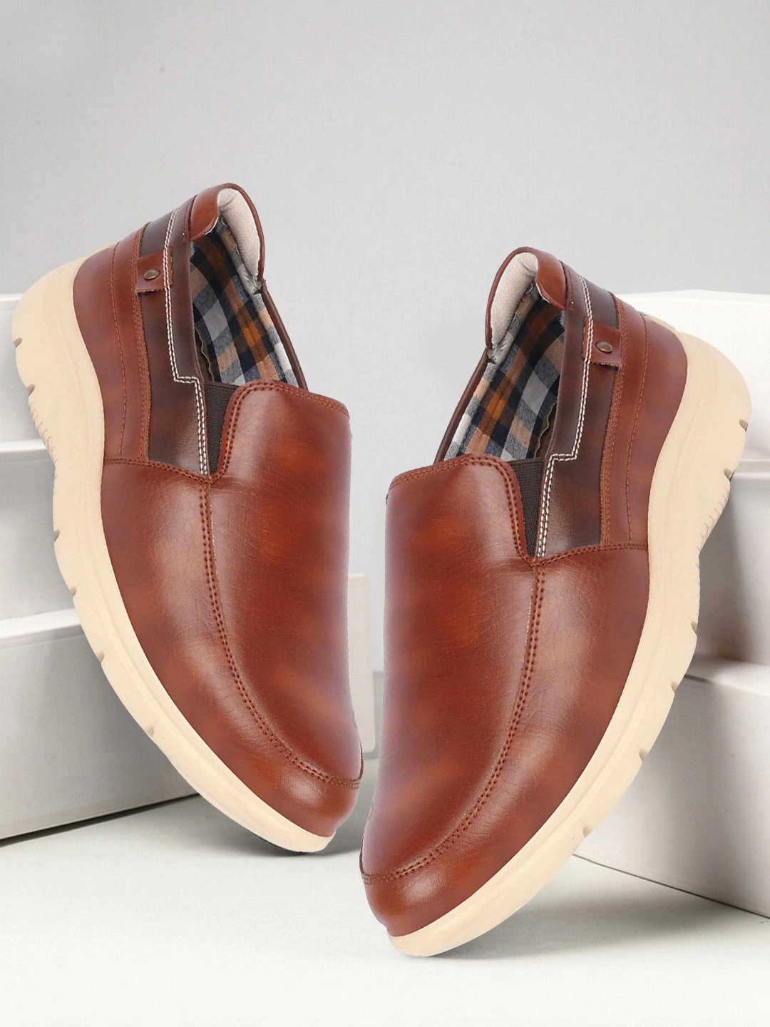 Men Tan Genuine Leather Feather Lightweight EVA Sole Formal Office Comfort Broad Feet Slip On Shoes Hiking Boots Fashion