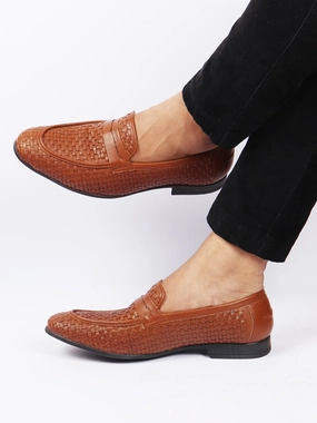 Office Shoes Casual Men Tan Hand Knitted Design Penny Loafer Slip On Shoes