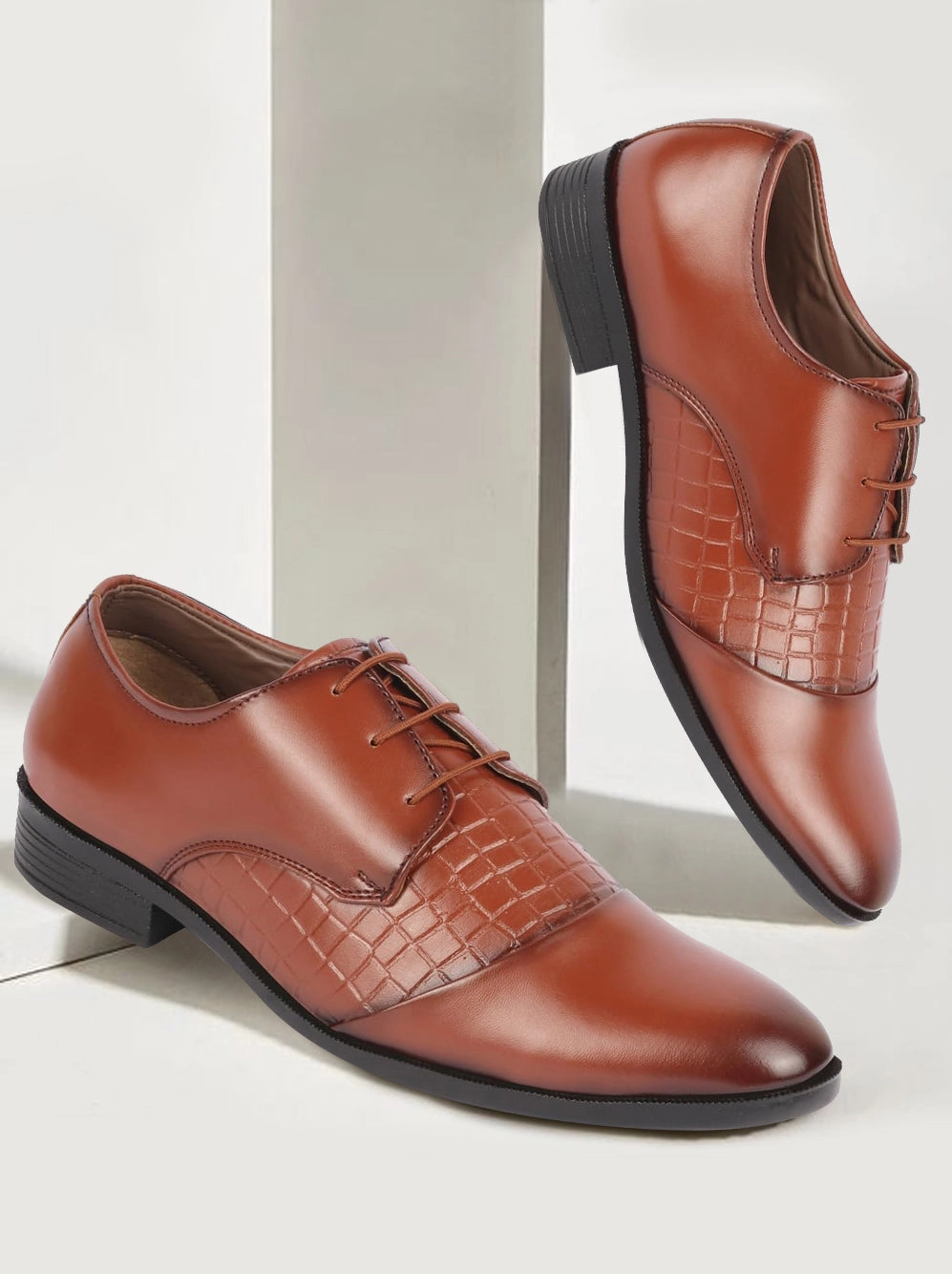 Men Tan Party Formal Office Comfort Embossed Design Lace Up Shoes Kaha Hiking Boot