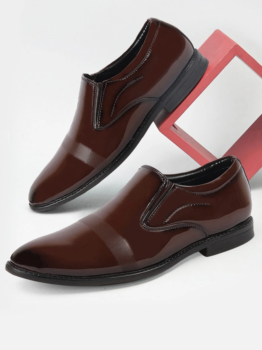 Men Tan Patent Leather Party Formal Textured Strip Slip On Shoes Skyline Hiking Boots