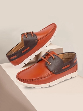 On Casual Shoes Men Tan Side Lace Stitched Design Lace Up Boat Shoes