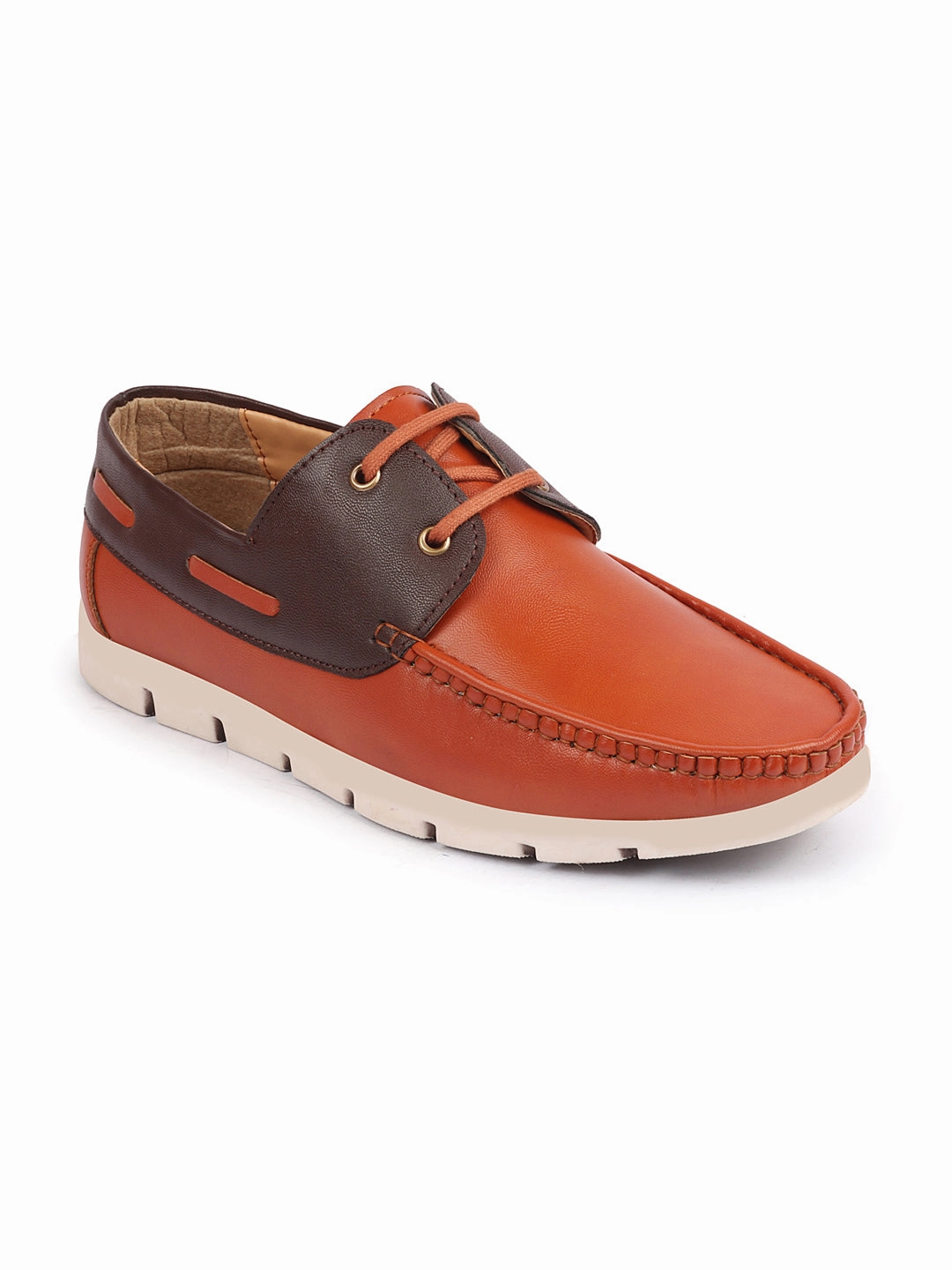High End Casual Shoes Men Tan Side Lace Stitched Design Lace Up Boat Shoes