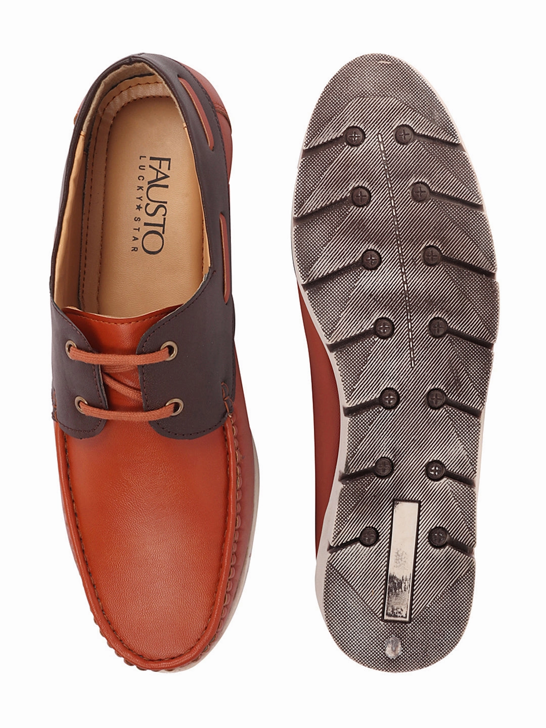 Casual Flex Orthotic Inserts Cushioning Shoe Inserts Men Tan Side Lace Stitched Design Lace Up Boat Shoes