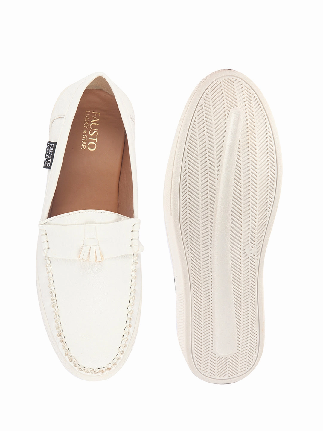 Men White Faux Leather Stitched Casual Tassel Loafers|Mocassin Slip On Casual Shoes with TPR Sole|All Day Long Comfort Casual Mom Shoes