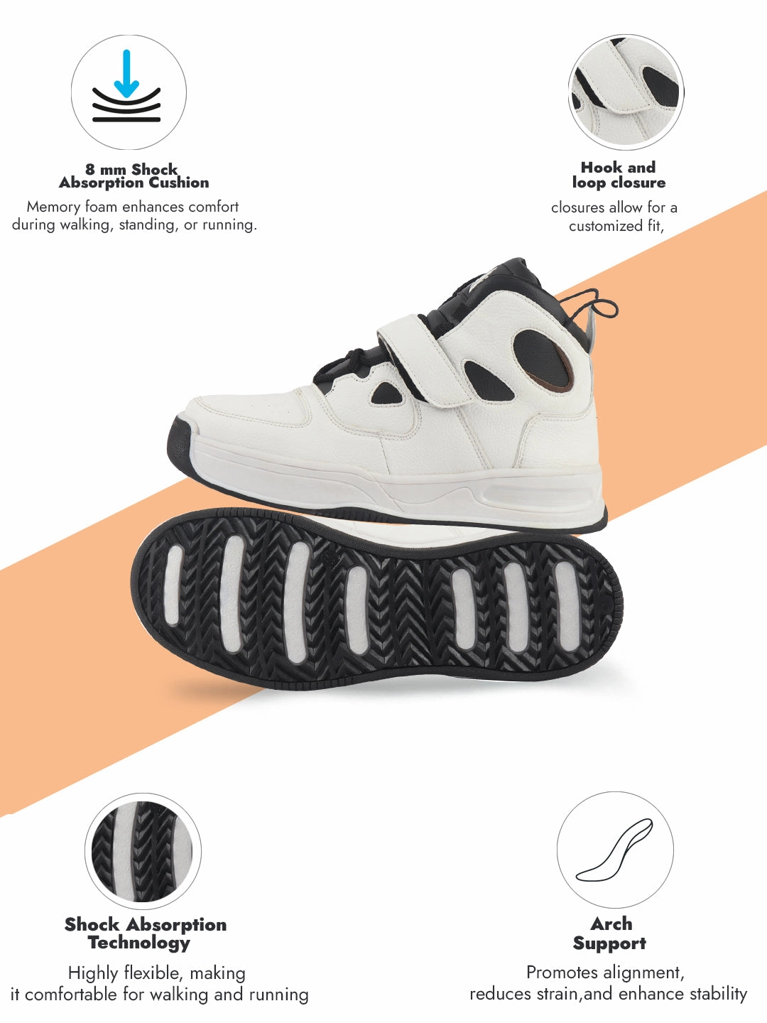 Best Sneakers For Cross Training Men White High Ankle Casual Chunky Lace Up Sneakers With Hook And Loop Closure Strap|Rubber Outsole High Top Basketball Shoes