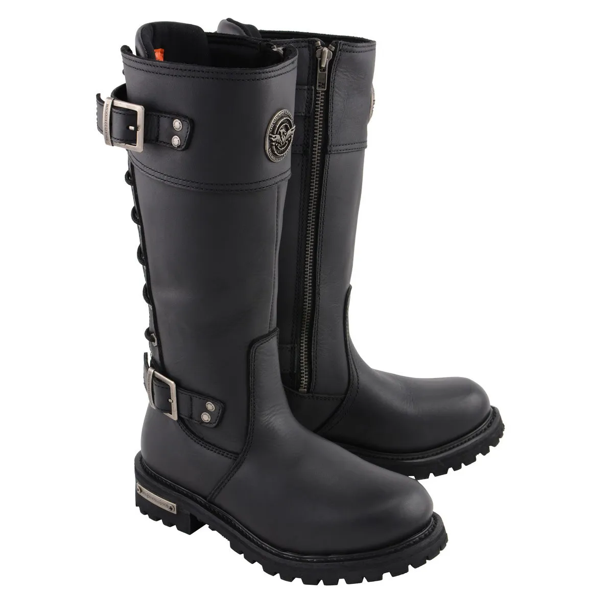 Milwaukee Leather MBL9385 Women's Black Leather 15-Inch Calf Laced Motorcycle Riding Boots with Side Zipper Modern Combat Boot