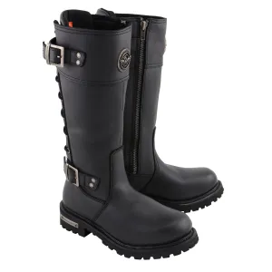 Milwaukee Leather MBL9385 Women's Black Leather 15-Inch Calf Laced Motorcycle Riding Boots with Side Zipper Flat Lace Up Combat Boots