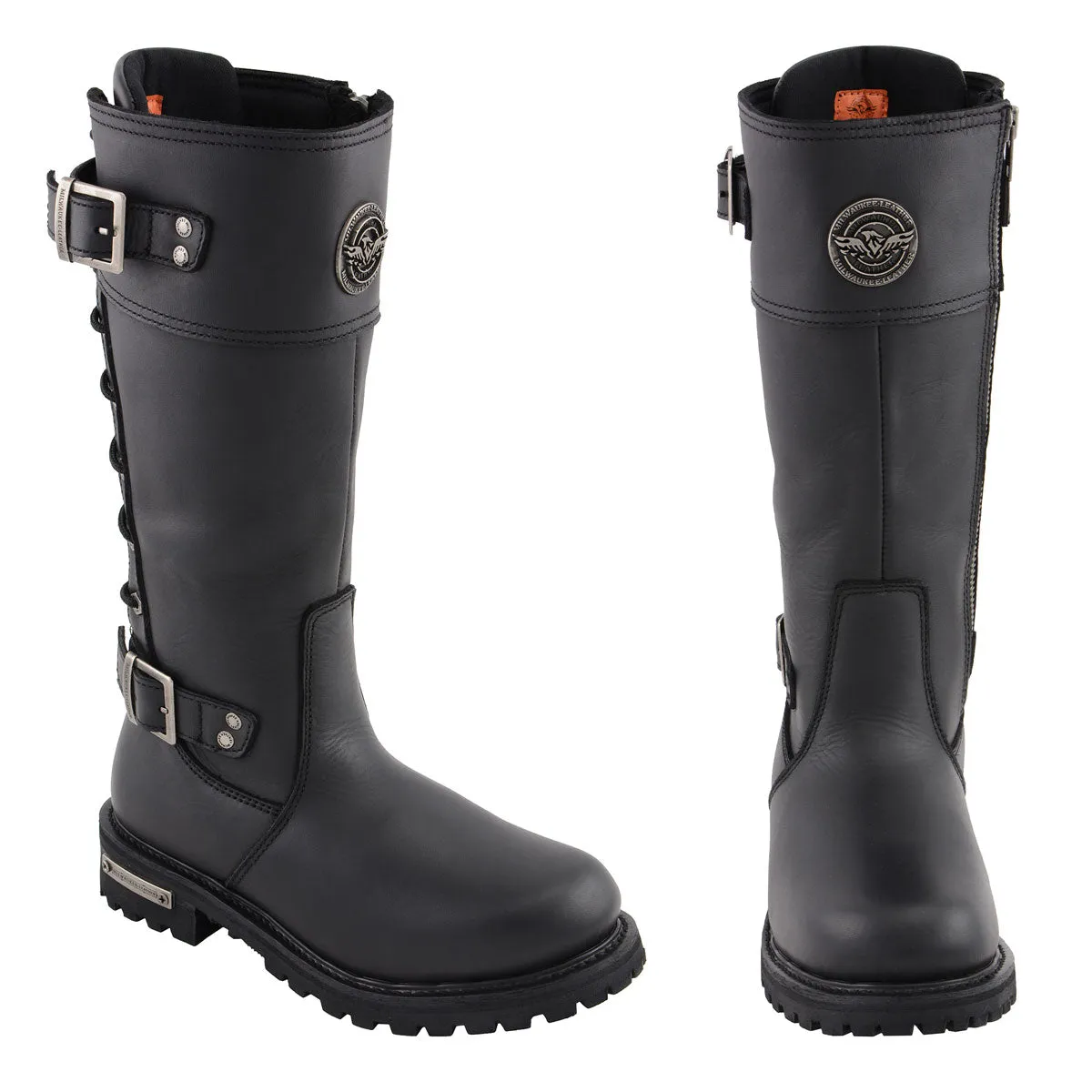 Dr. Martens Zavala Combat Boots Milwaukee Leather MBL9385 Women's Black Leather 15-Inch Calf Laced Motorcycle Riding Boots with Side Zipper