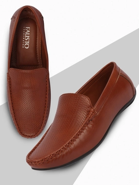 Durable Casual Shoes Basics Men Tan Textured Print Side Stitched Casual Slip On Loafers and Moccasin Shoes