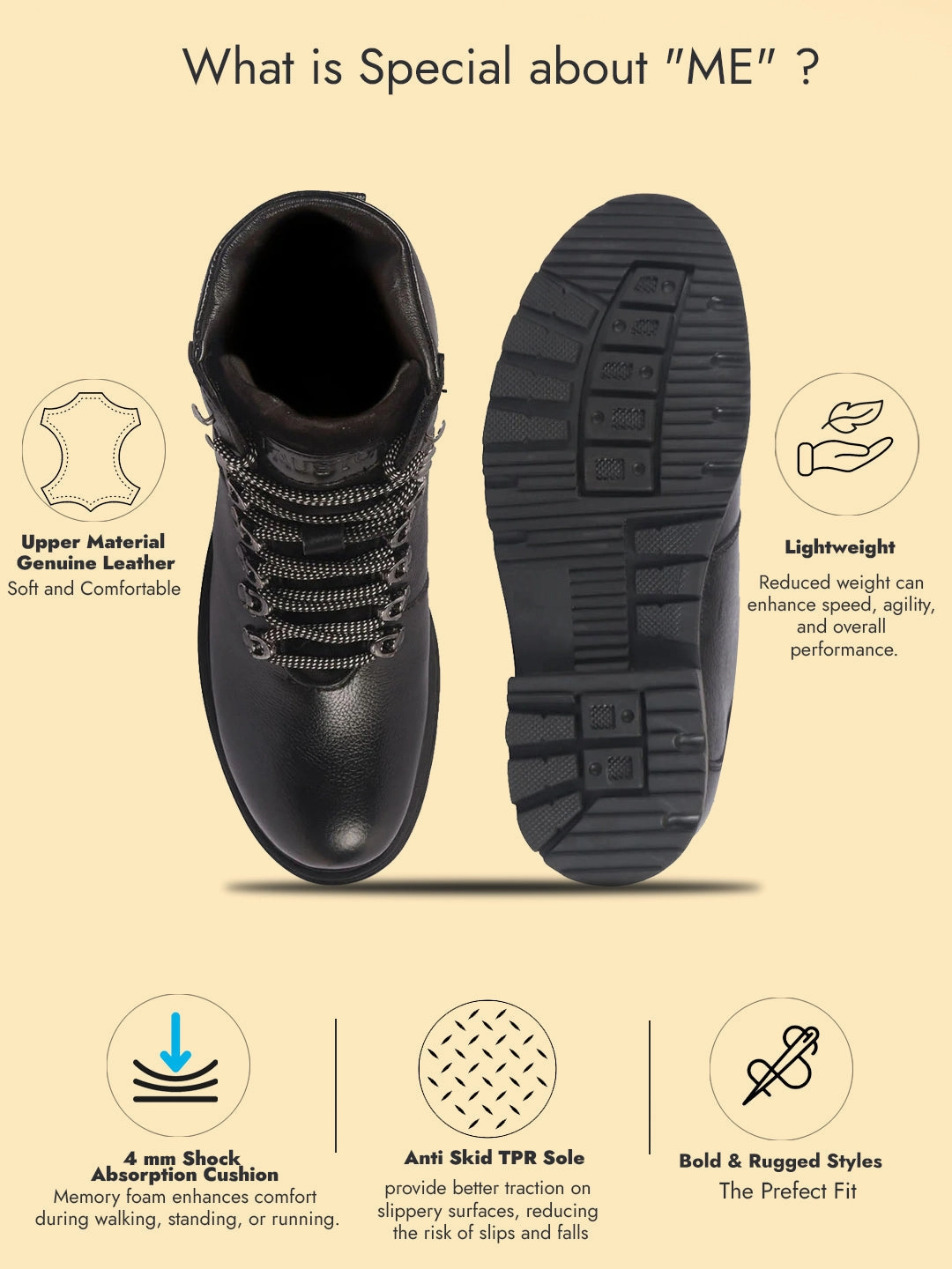 Best Mid High Hiking Boots Men Black Genuine Leather 5-Hook Lace Up Boots for Trekking and Hiking|High Ankle Boots|Anti Skid Sole