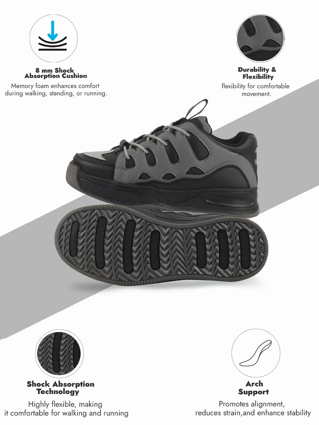 Men Black Retro Streetwear Chunky Rugged Sneakers | Heavy Duty Gen-Z Korean Casual Shoes | Memory Cushioned Insole Best Sneakers For Cement Floors