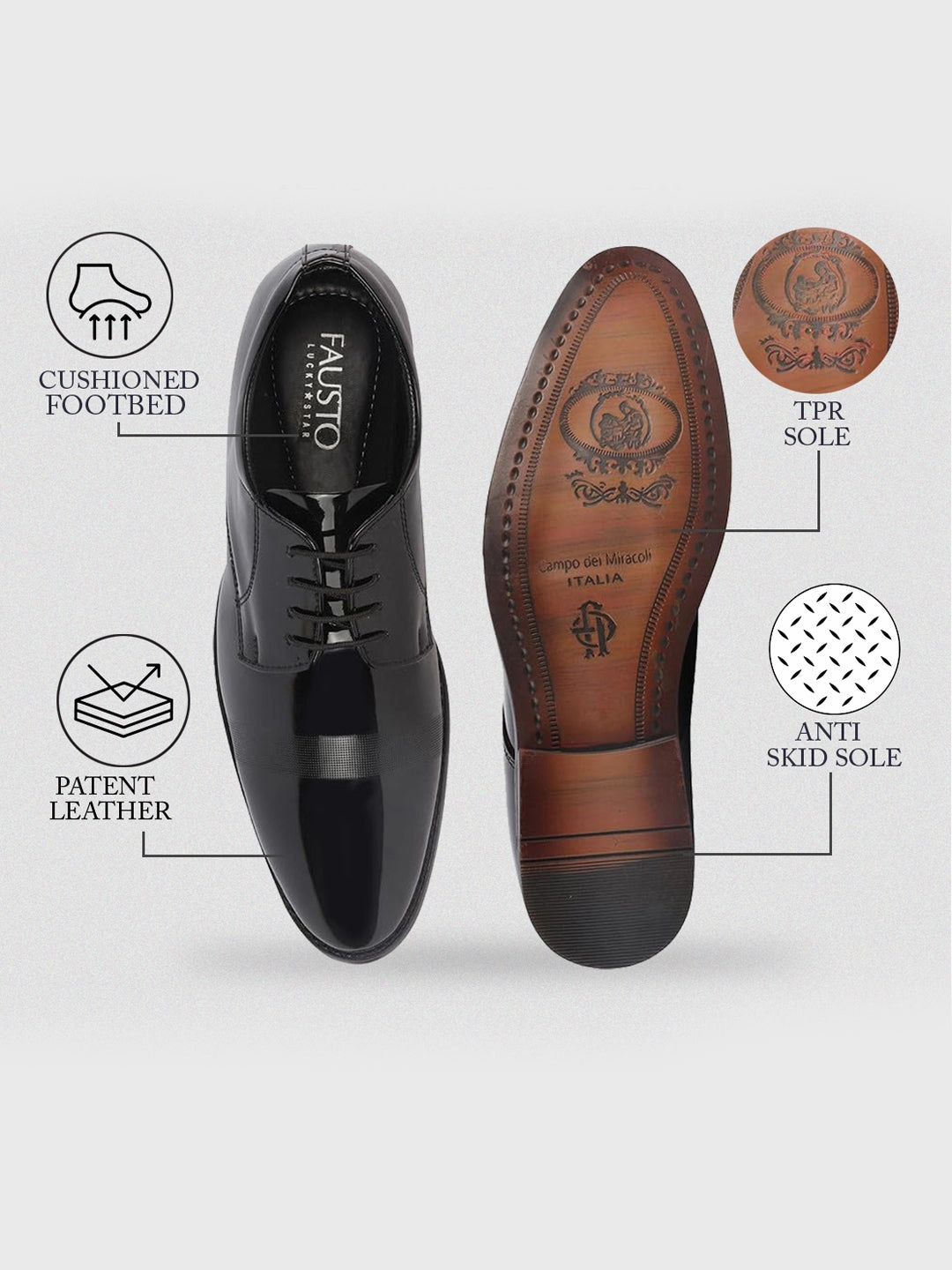 Waterproof Hiking Boots Men Black Patent Leather Party Formal Textured Strip Lace Up Shoes