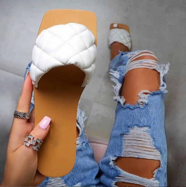 Dress Sandals Leather Ins Sandals Summer Women Slippers Flats Pu Leather Solid Peep Toe Sewing 2020 Slides Fashion Outside Mules Female Ladies Shoes