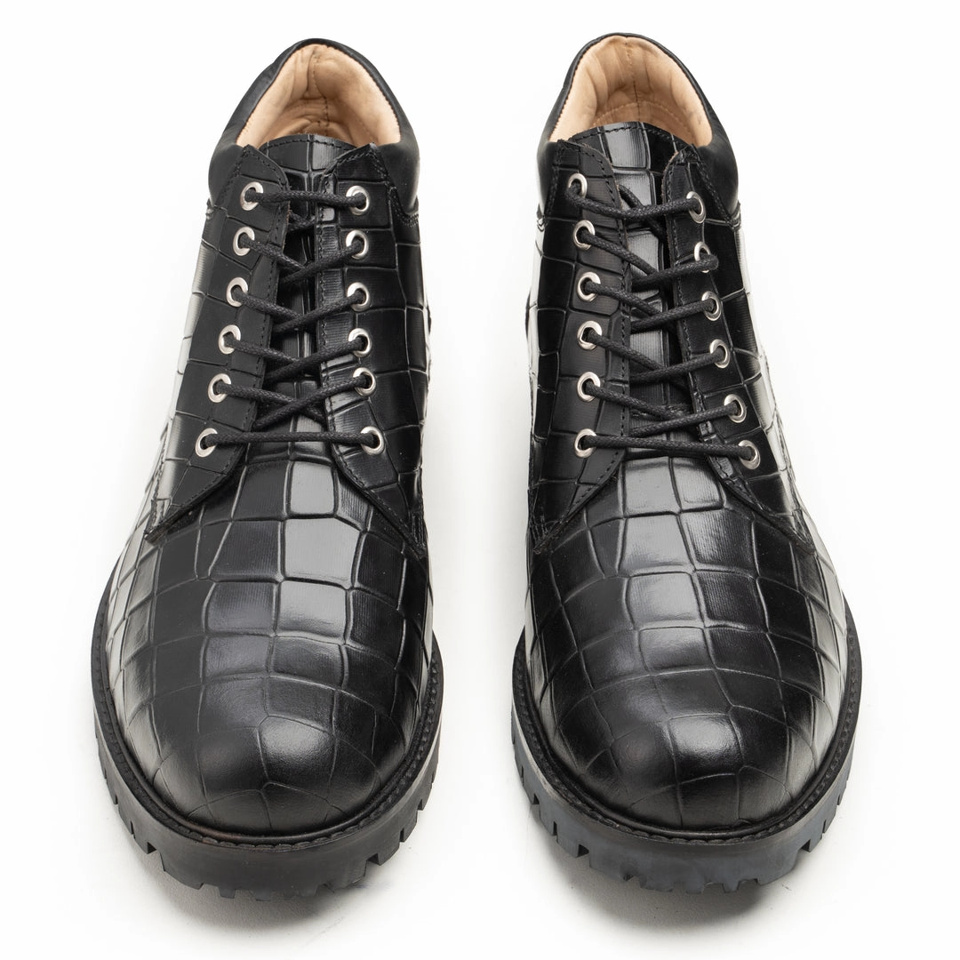 Black Crocodile Embossed Leather Boots Hiking Boots Velcro Fastening