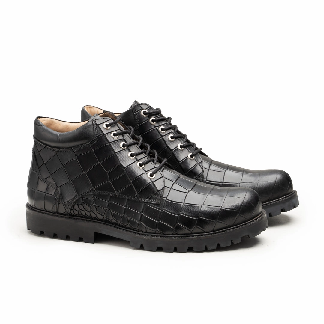 Black Crocodile Embossed Leather Boots Hiking Boots Near Me Now