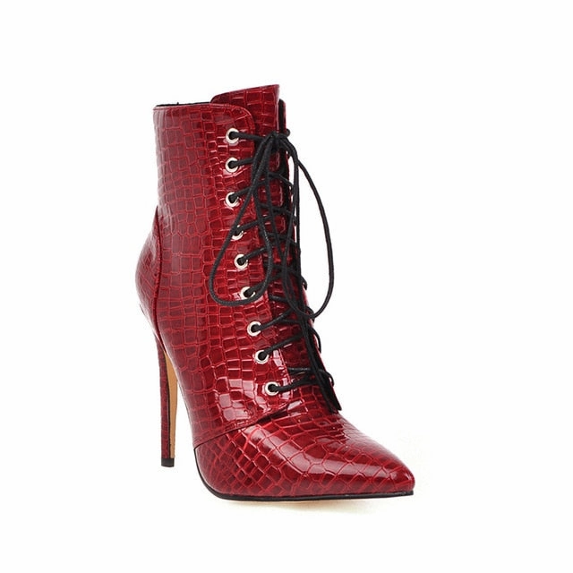 Sexy Ankle Boots For Women Fashion High Heel Snake Red White Boots Women Pointed Toe Lace Up Shoes Woman Autumn Large Size 46 48 Boots To Wear With Flare Jeans