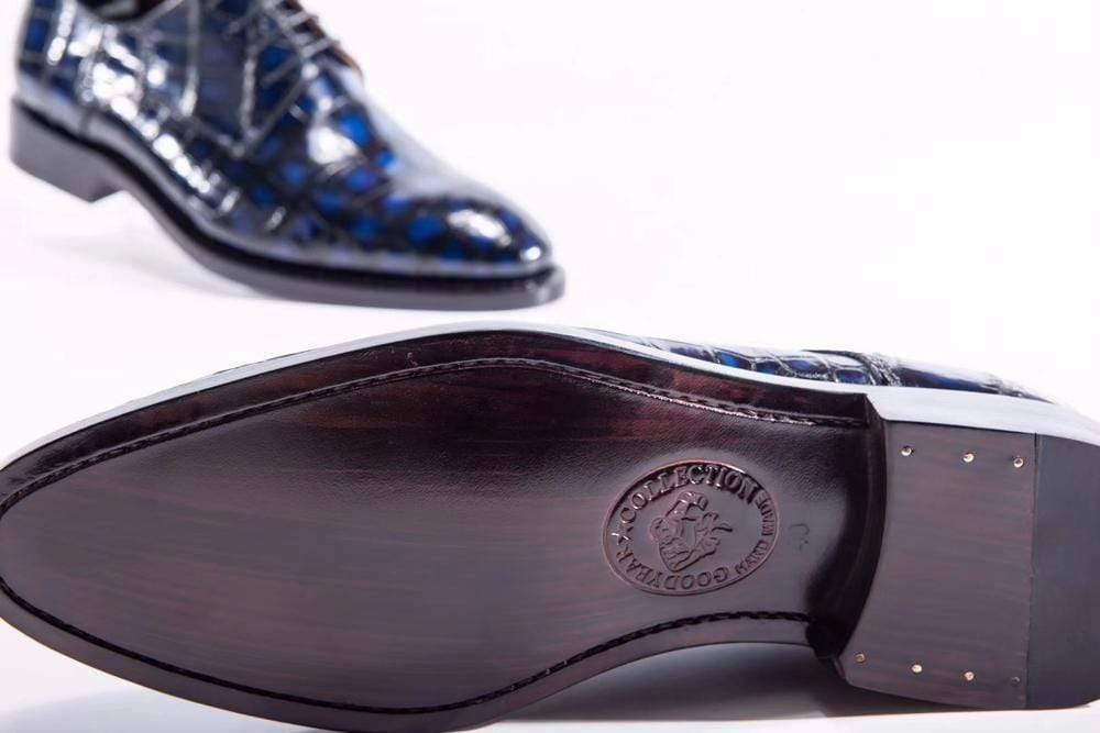 Preorder Handmade Men Crocodile Leather Lace-Up Shoes Dark Blue Hiking Boots Weather