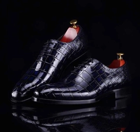 Vasque All Leather Hiking Boots Preorder Handmade Men Crocodile Leather Lace-Up Shoes Dark Blue