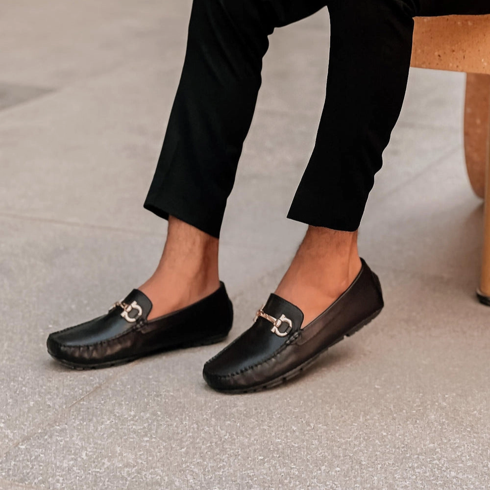 Black Leather Loafers for Men  Handmade Slip-On Dress Shoes with Metal Bit Customize Climbing Shoes