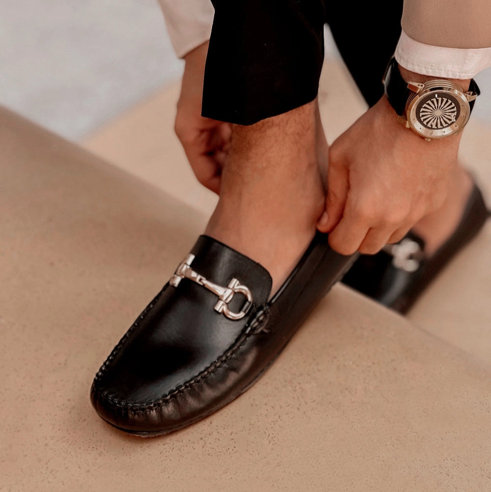 Fair Trade Climbing Shoes Beginner Black Leather Loafers for Men  Handmade Slip-On Dress Shoes with Metal Bit