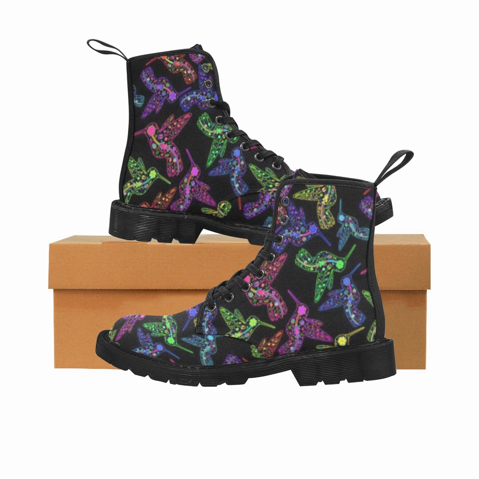 Wing Chukka Boots Neon Floral Hummingbirds Boots for Women (Black)