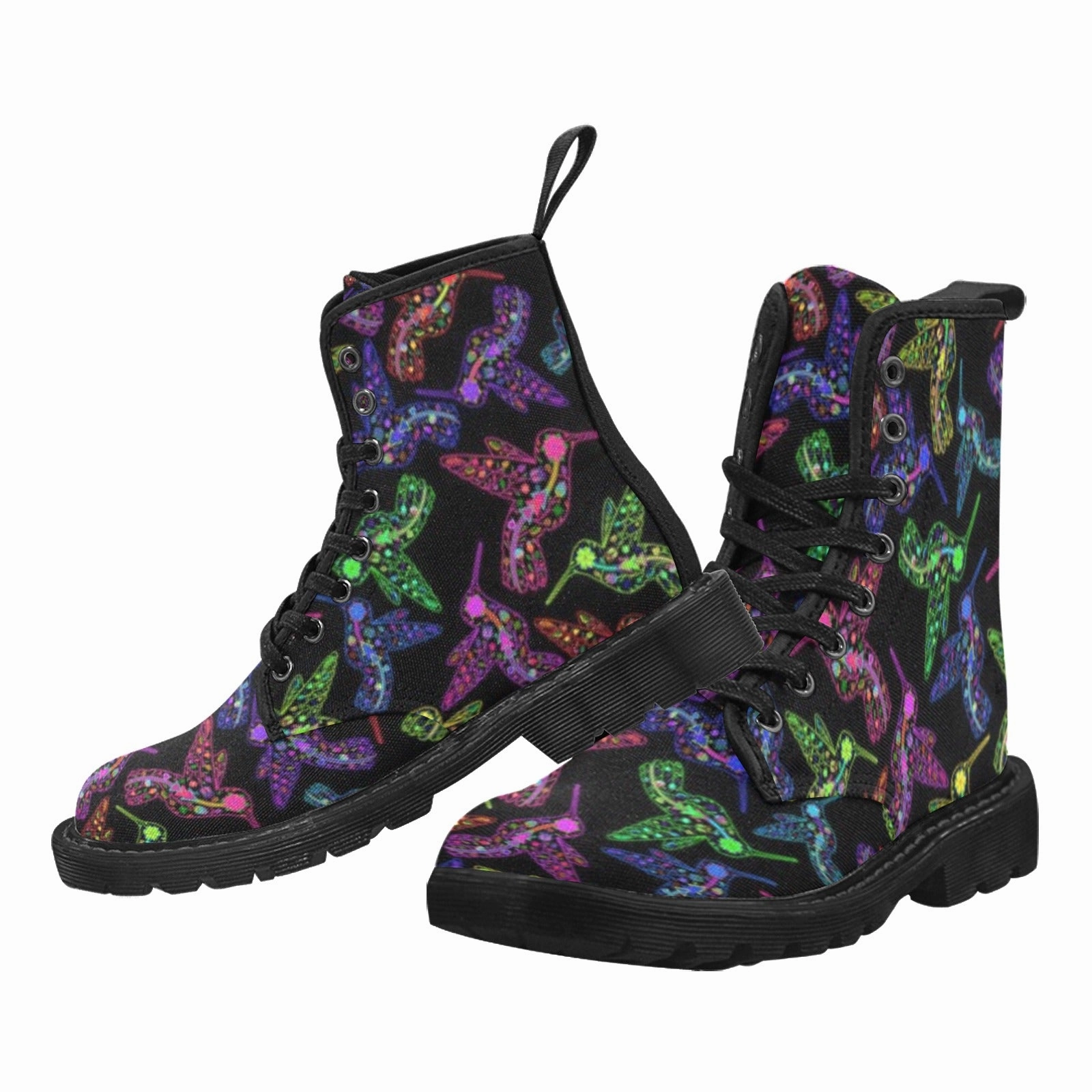 Ostrich Feather Boots Neon Floral Hummingbirds Boots for Women (Black)