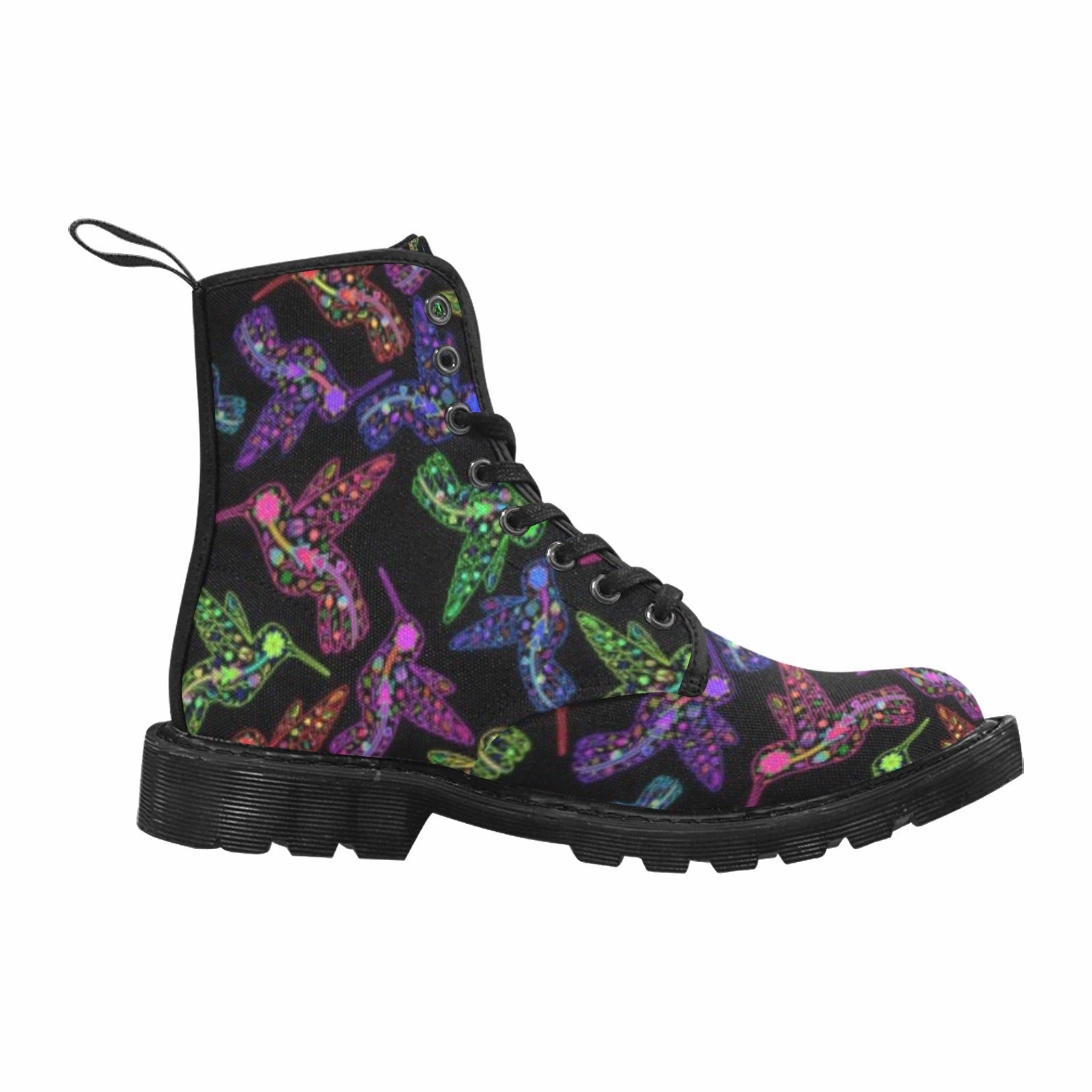 Round Toe Ostrich Boots Neon Floral Hummingbirds Boots for Women (Black)