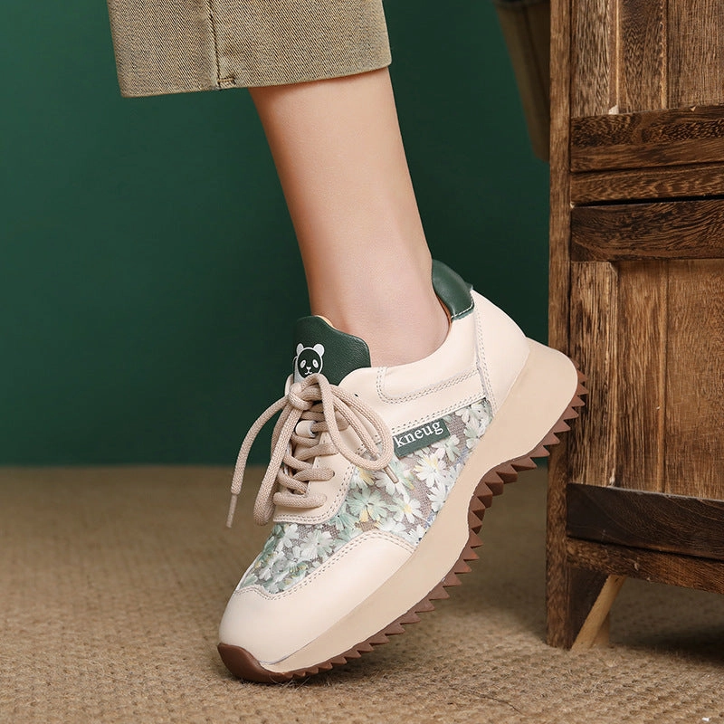 Women's Fashion Leather Embroidery Low Top Casual Shoes Canvas Sneakers