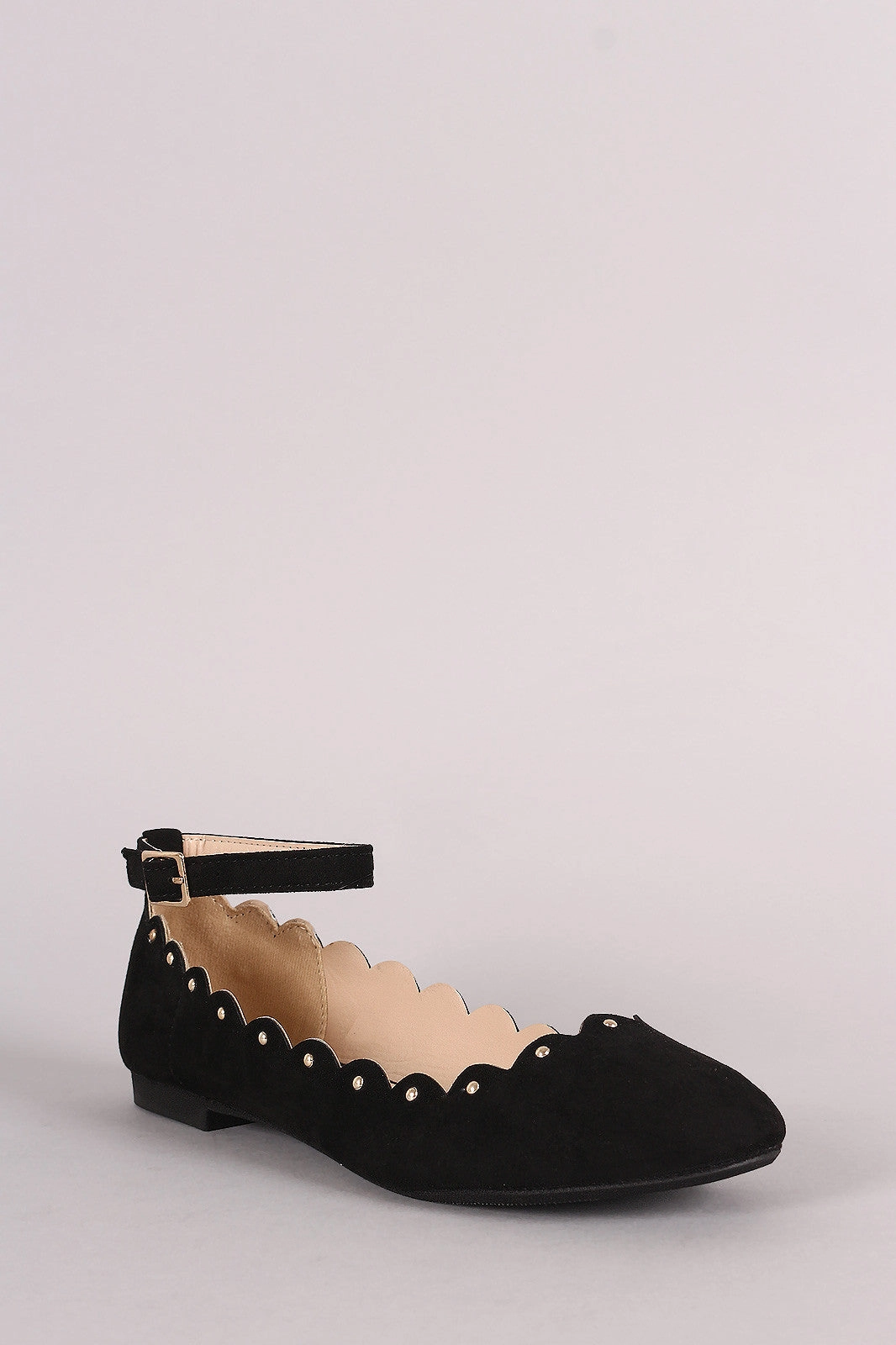 Qupid Suede Scalloped Studded Ankle Strap Ballet Flat Sparkly Shoes Flats