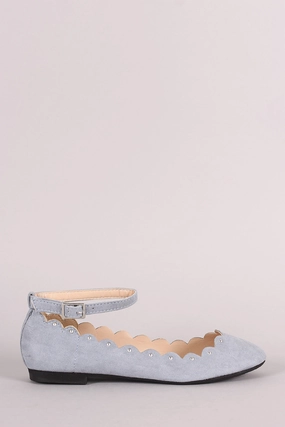 Qupid Suede Scalloped Studded Ankle Strap Ballet Flat Wedding Dress With Flat Shoes
