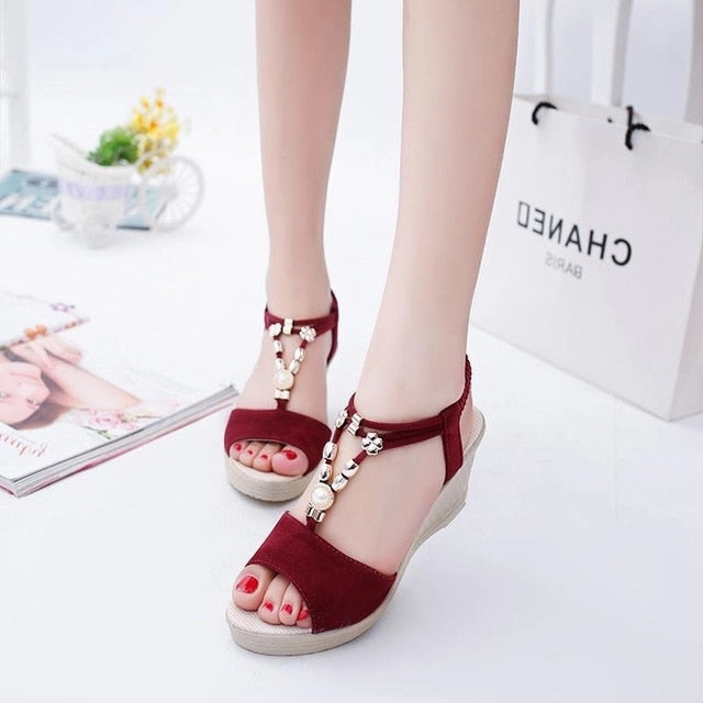 Pons Sandals Summer Women Gladiator Sandals Wedges High Heel Platform Laides Shoes Peep Toe String Beads Casual Female Zapatos De Mujer