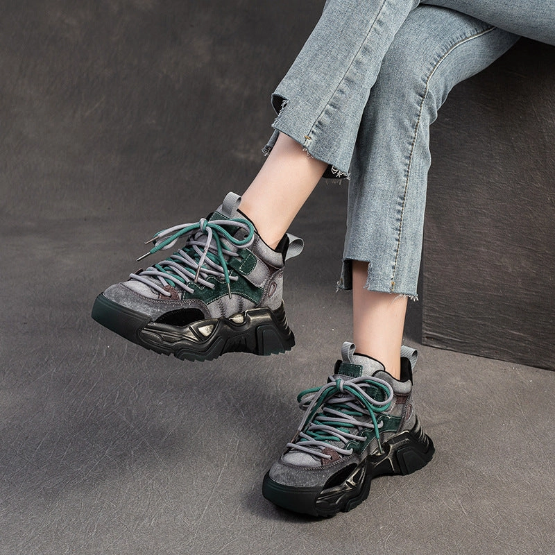 Women Fashion Patchwork Leather Chunky Platform Sneakers Barefoot Shoes Sneakers